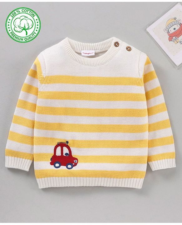 Babyhug 100% Organic Cotton Full Sleeves Stripe Sweater Car Embroidery - Off White Yellow