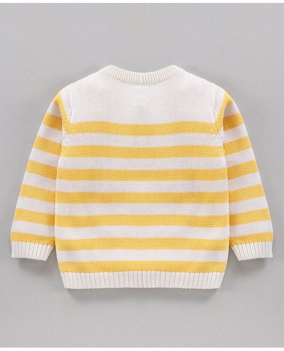 Babyhug 100% Organic Cotton Full Sleeves Stripe Sweater Car Embroidery - Off White Yellow