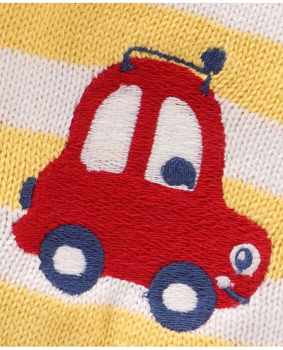 Babyhug 100% Organic Cotton Full Sleeves Stripe Sweater Car Embroidery - Off White Yellow