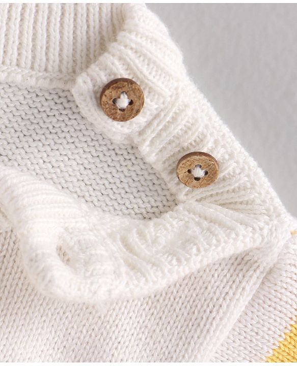 Babyhug 100% Organic Cotton Full Sleeves Stripe Sweater Car Embroidery - Off White Yellow