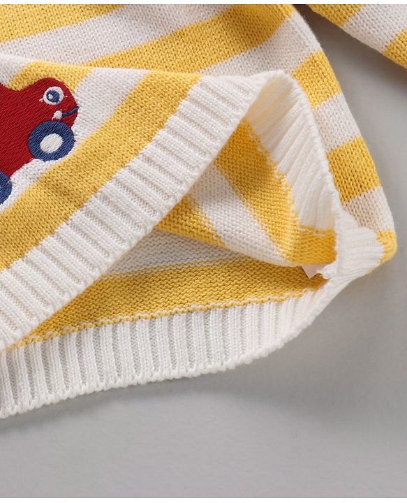Babyhug 100% Organic Cotton Full Sleeves Stripe Sweater Car Embroidery - Off White Yellow