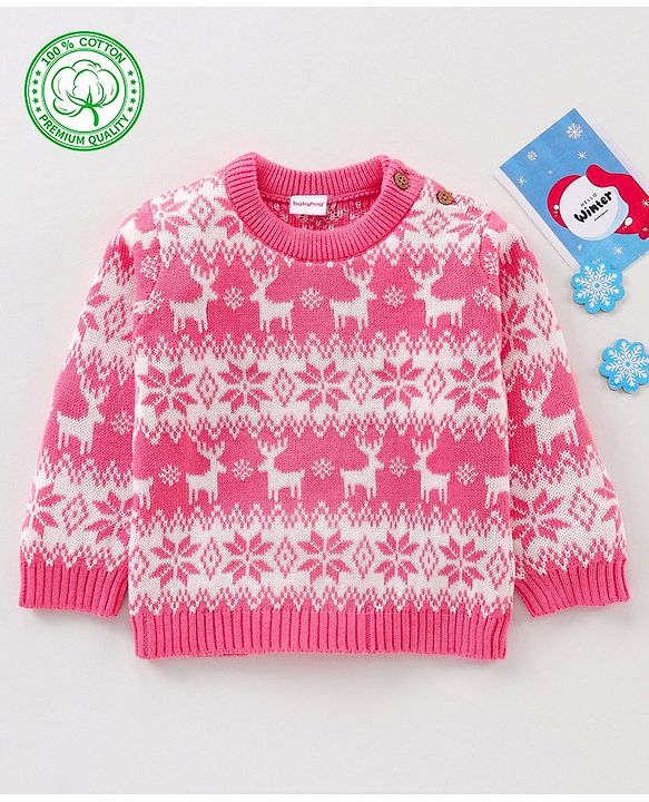 Babyhug 100% Organic Cotton Knit Full Sleeves Sweater Intarsia Design- Pink White