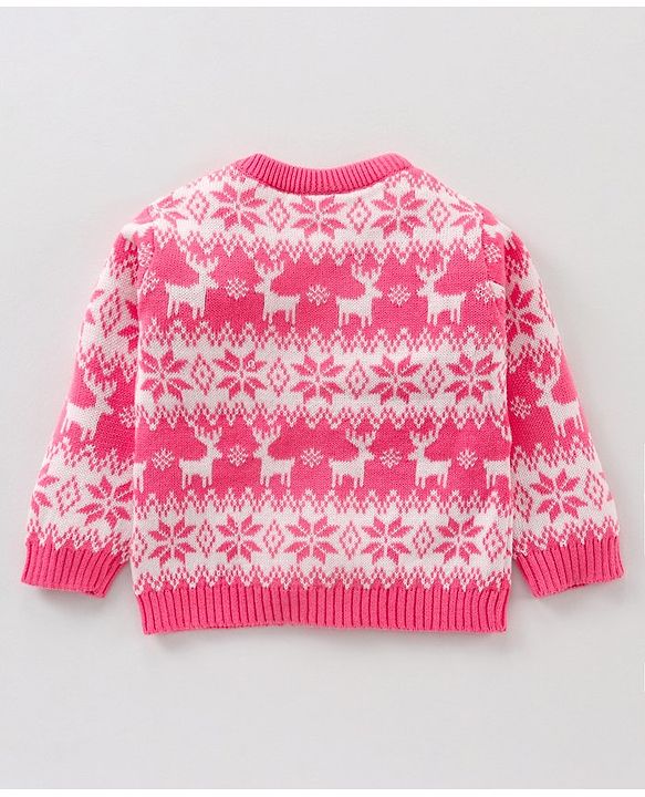 Babyhug 100% Organic Cotton Knit Full Sleeves Sweater Intarsia Design- Pink White
