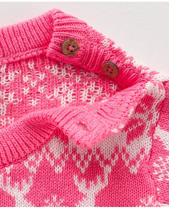 Babyhug 100% Organic Cotton Knit Full Sleeves Sweater Intarsia Design- Pink White