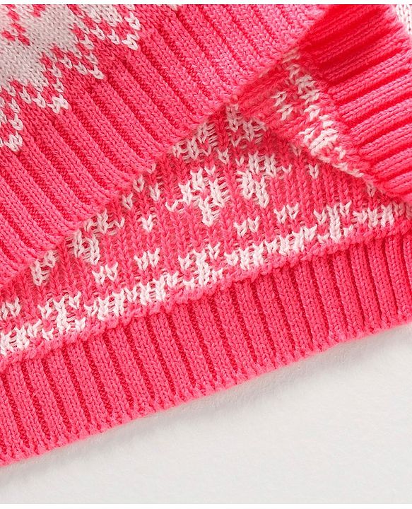 Babyhug 100% Organic Cotton Knit Full Sleeves Sweater Intarsia Design- Pink White