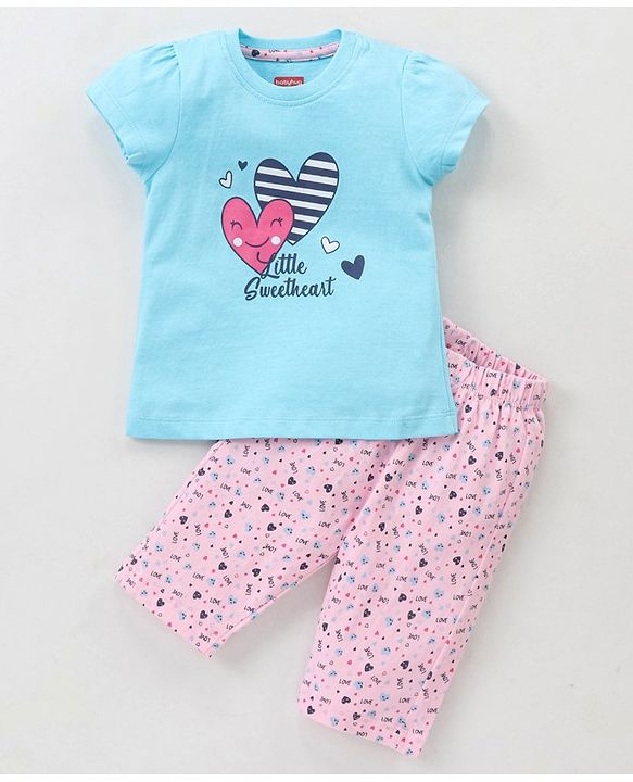 Babyhug 100% Cotton Half Sleeves Night Suit Heart Print - Blue