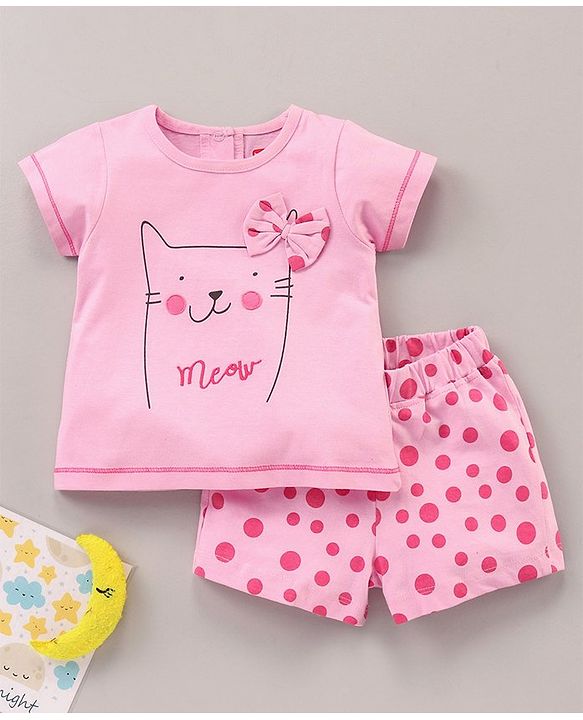 Babyhug Puffed Sleeves 100% Cotton Single Jersey Night Suit Bow Applique Kitty Print - Pink