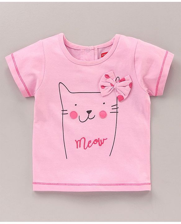 Babyhug Puffed Sleeves 100% Cotton Single Jersey Night Suit Bow Applique Kitty Print - Pink