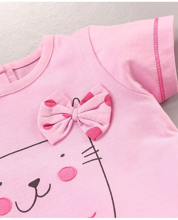 Babyhug Puffed Sleeves 100% Cotton Single Jersey Night Suit Bow Applique Kitty Print - Pink