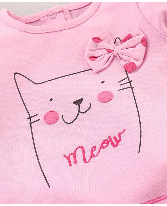 Babyhug Puffed Sleeves 100% Cotton Single Jersey Night Suit Bow Applique Kitty Print - Pink