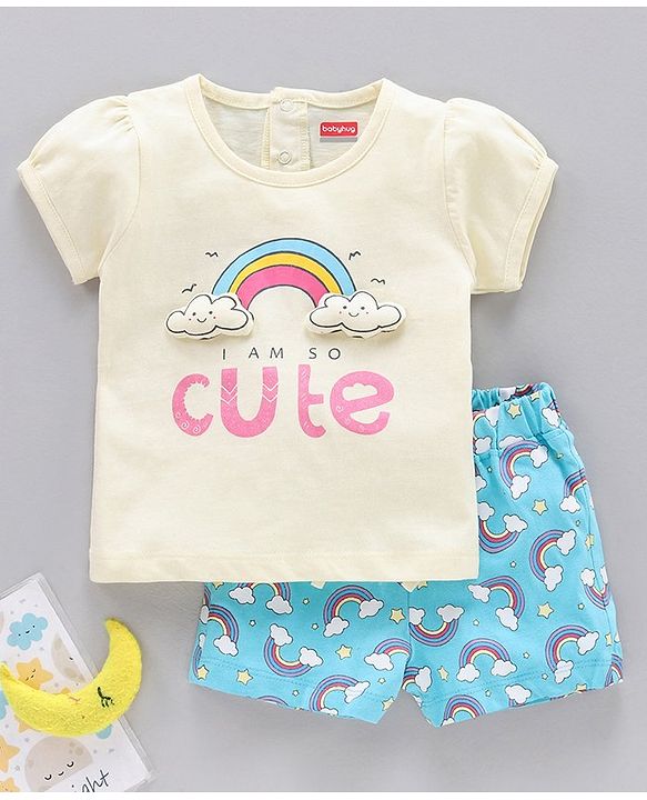 Babyhug Puffed Sleeves 100% Cotton Single Jersey Night Suit Cloud Badge - Yellow