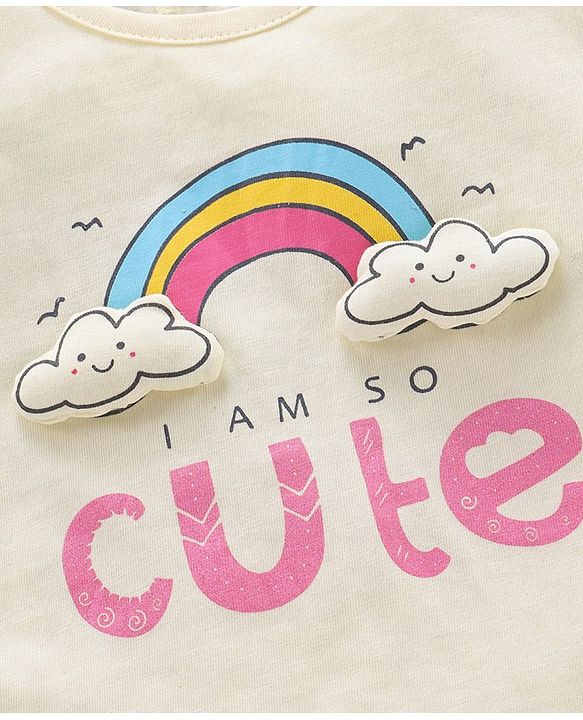 Babyhug Puffed Sleeves 100% Cotton Single Jersey Night Suit Cloud Badge - Yellow