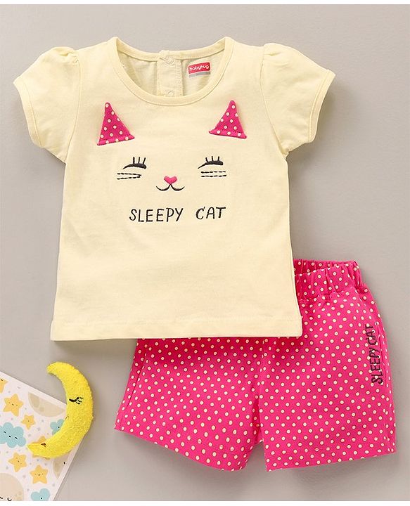 Babyhug Cotton Half Sleeves Tee & Shorts Set Dot Print & Kitty Embroidery- Pink