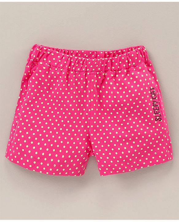Babyhug Cotton Half Sleeves Tee & Shorts Set Dot Print & Kitty Embroidery- Pink