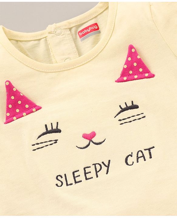 Babyhug Cotton Half Sleeves Tee & Shorts Set Dot Print & Kitty Embroidery- Pink