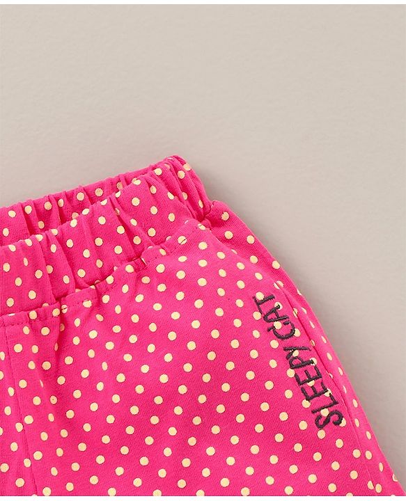 Babyhug Cotton Half Sleeves Tee & Shorts Set Dot Print & Kitty Embroidery- Pink