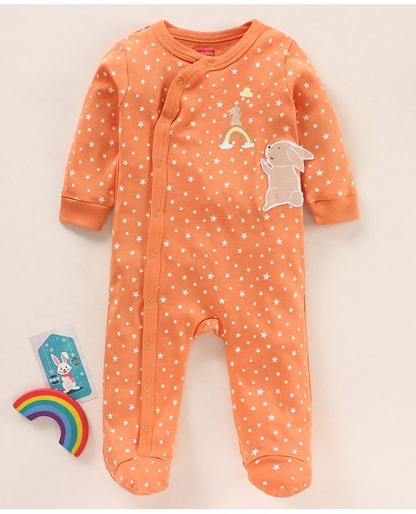 Babyhug Full Sleeves Footed Sleep Suit Stars Print & Bunny Patch - Orange