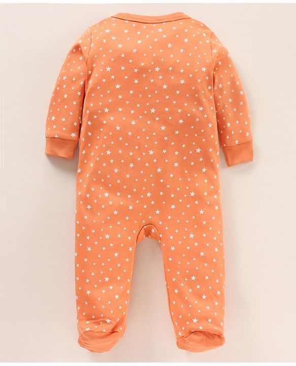 Babyhug Full Sleeves Footed Sleep Suit Stars Print & Bunny Patch - Orange
