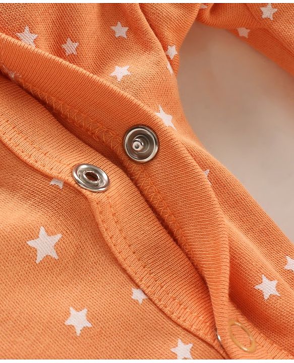 Babyhug Full Sleeves Footed Sleep Suit Stars Print & Bunny Patch - Orange