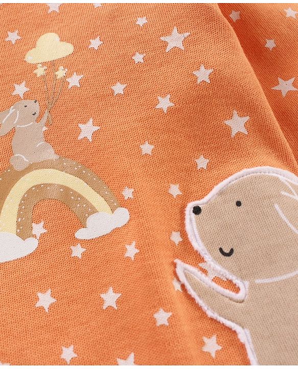 Babyhug Full Sleeves Footed Sleep Suit Stars Print & Bunny Patch - Orange
