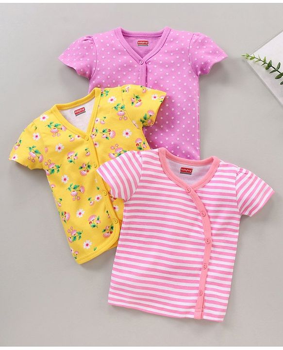 Babyhug 100% Cotton Half Sleeves Floral Print & Striped Vest Pack Of 3 - Yellow & Pink