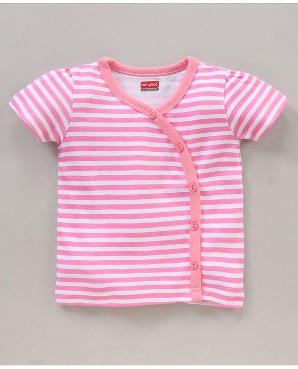 Babyhug 100% Cotton Half Sleeves Floral Print & Striped Vest Pack Of 3 - Yellow & Pink