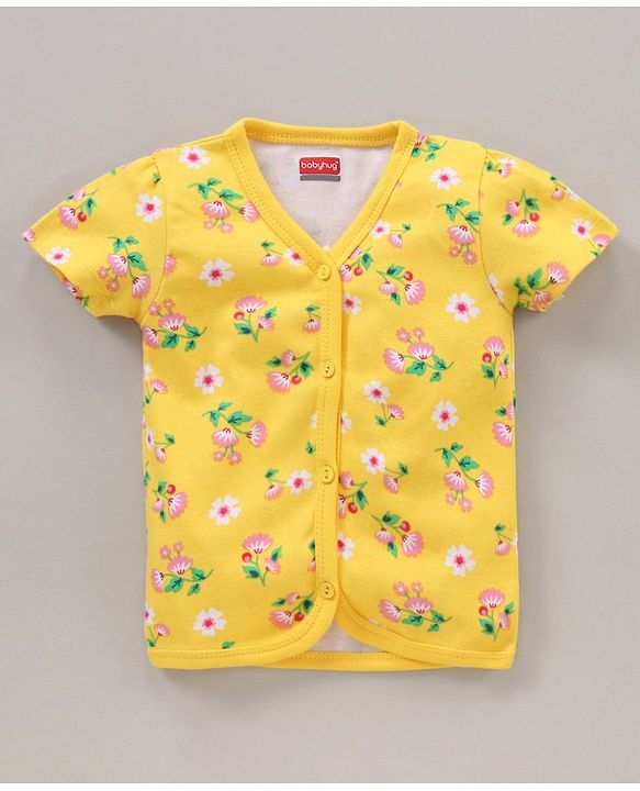 Babyhug 100% Cotton Half Sleeves Floral Print & Striped Vest Pack Of 3 - Yellow & Pink