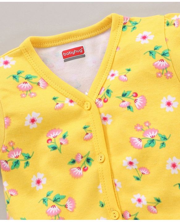 Babyhug 100% Cotton Half Sleeves Floral Print & Striped Vest Pack Of 3 - Yellow & Pink