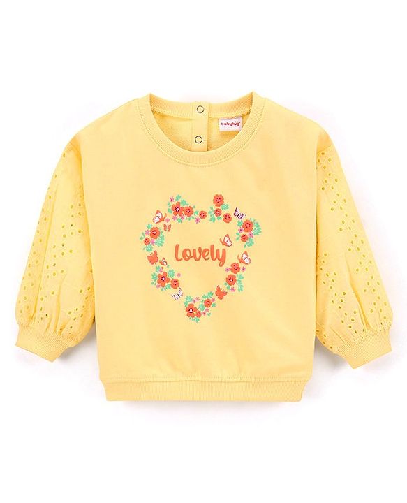 Babyhug Full Sleeves Knit Sweatshirt With Graphics & Schiffli Detailing- Yellow