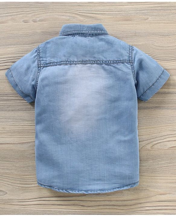 Babyhug Cotton Knit Half Sleeves Sports Print Denim Shirt - Blue
