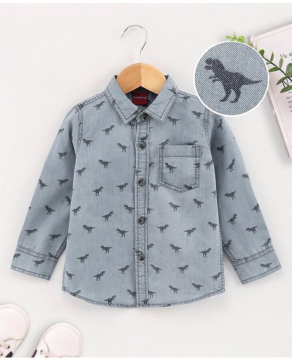 Babyhug Full Sleeves Washed Denim Shirt Dino Print - Blue