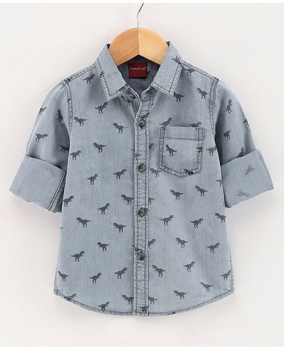 Babyhug Full Sleeves Washed Denim Shirt Dino Print - Blue