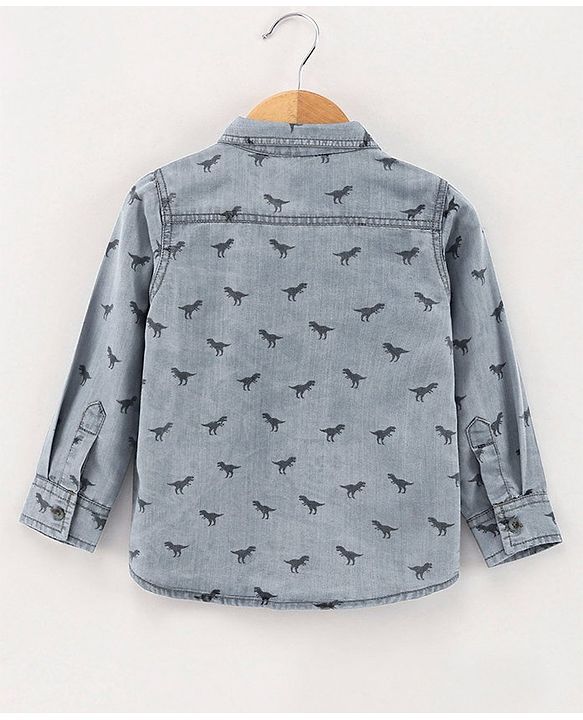 Babyhug Full Sleeves Washed Denim Shirt Dino Print - Blue