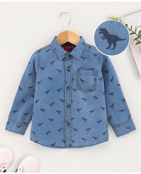 Babyhug Full Sleeves Washed Denim Shirt Dino Print - Blue
