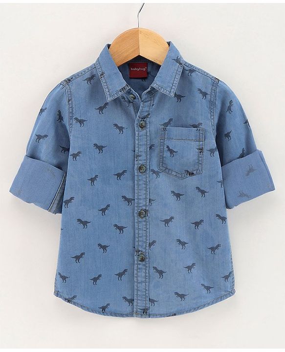 Babyhug Full Sleeves Washed Denim Shirt Dino Print - Blue