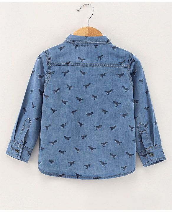 Babyhug Full Sleeves Washed Denim Shirt Dino Print - Blue