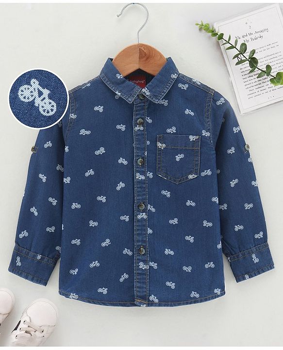Babyhug Full Sleeves Washed Denim Shirt Cycle Print - Blue