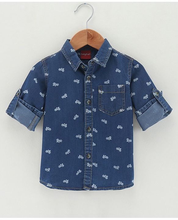 Babyhug Full Sleeves Washed Denim Shirt Cycle Print - Blue