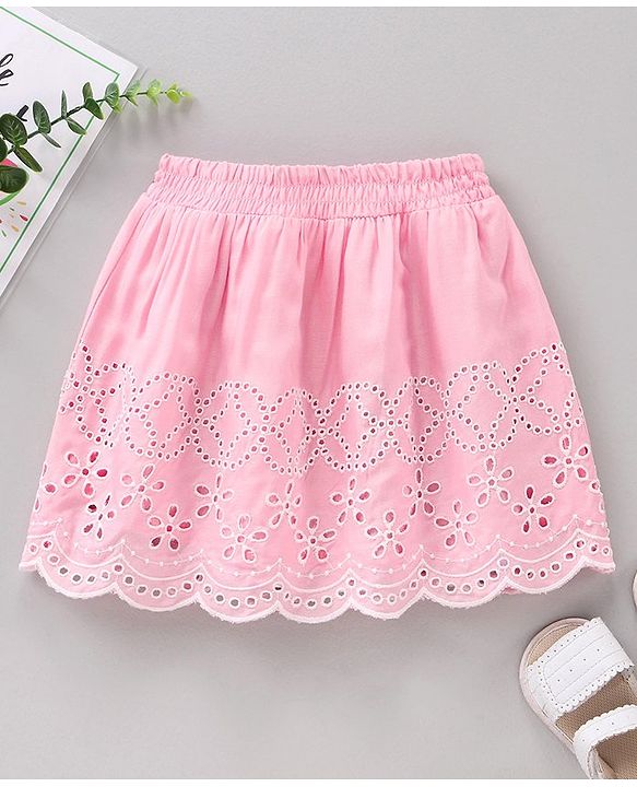 Babyhug Cotton Skirt With Lining & Schiffli Design Solid - Pink