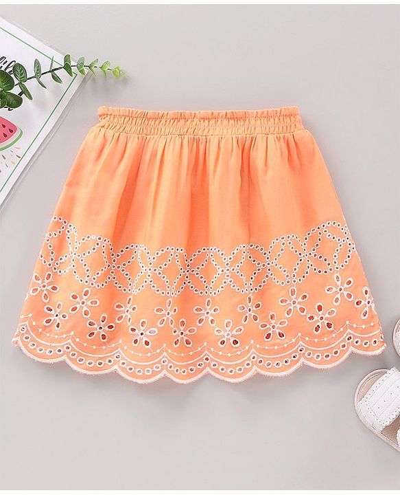 Babyhug Cotton Skirt With Lining & Schiffli Design Solid- Orange
