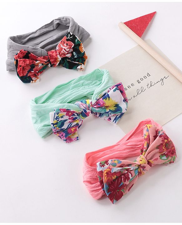 Babyhug Headbands With Bow Applique Floral Print Free Size Pack of 3 - Multicolor