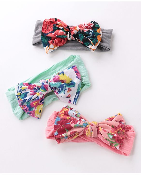 Babyhug Headbands With Bow Applique Floral Print Free Size Pack of 3 - Multicolor
