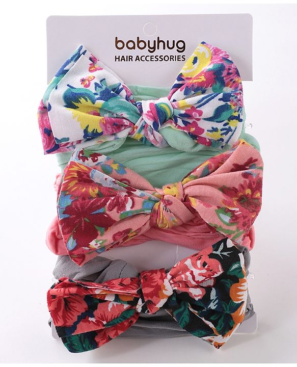 Babyhug Headbands With Bow Applique Floral Print Free Size Pack of 3 - Multicolor