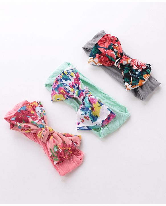 Babyhug Headbands With Bow Applique Floral Print Free Size Pack of 3 - Multicolor