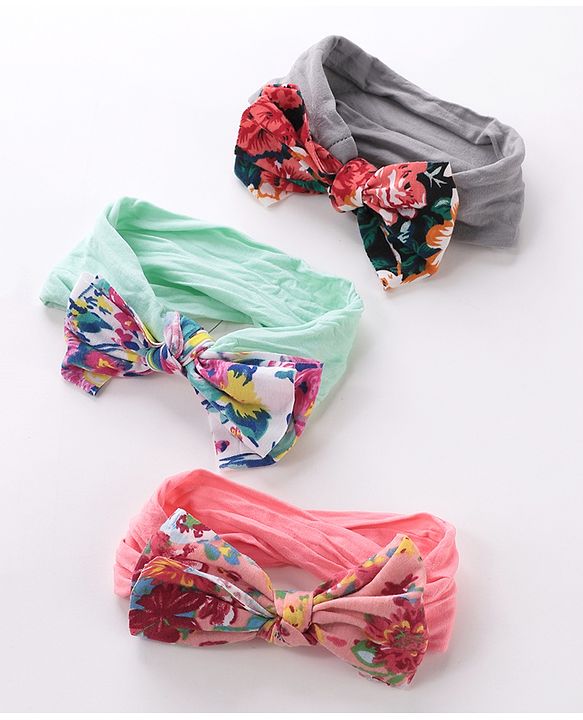 Babyhug Headbands With Bow Applique Floral Print Free Size Pack of 3 - Multicolor