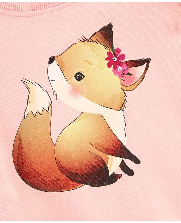 Babyhug Full Sleeves Sweatshirt With Fox Print And Sleeves Frill- Pink