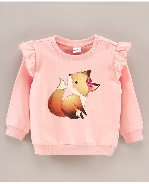 Babyhug Full Sleeves Sweatshirt With Fox Print And Sleeves Frill- Pink
