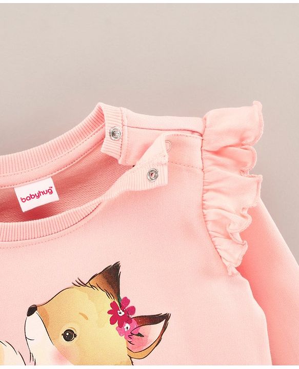 Babyhug Full Sleeves Sweatshirt With Fox Print And Sleeves Frill- Pink