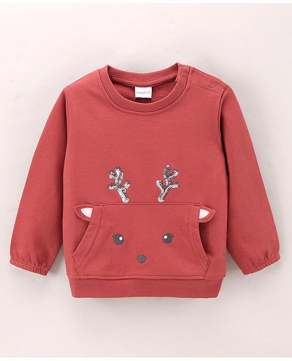 Babyhug Full Sleeves Knit Sweatshirt Deer & Sequin Applique - Brown