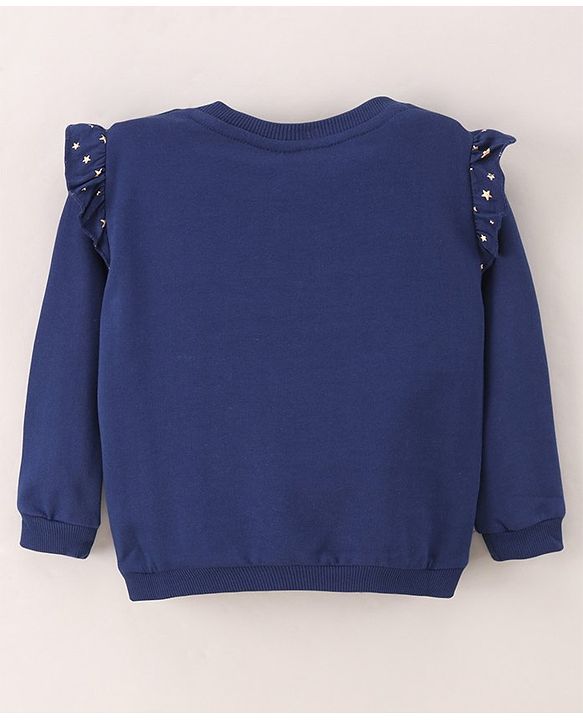 Babyhug Full Sleeves Sweatshirt With frill and Deer Print Along With Sequence - Blue